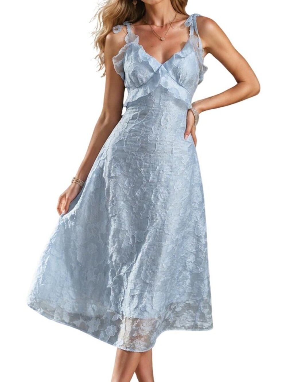 Women's Blue Elegant Flowy Boho Floral Outfit Formal Wedding Guest Midi Dresses